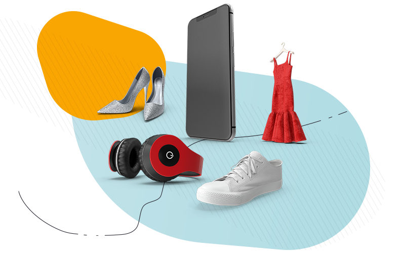 A pair of silver stilettos, smartphone, red dress, red headphones, and a white shoe from Banago